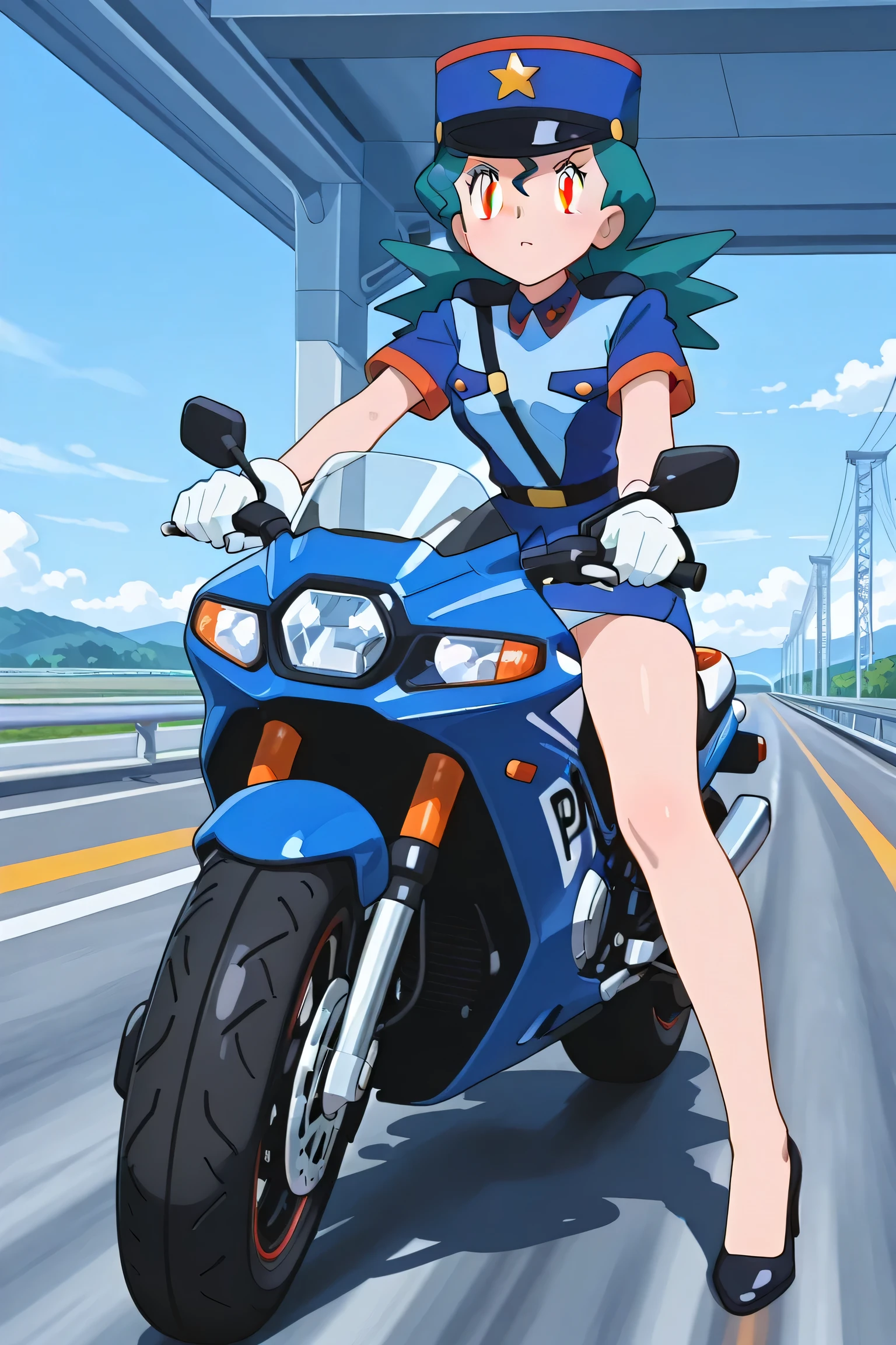 masterpiece, best quality, good quality, amazing quality, top quality, high quality, very aesthetic, very awa, high resolution, absurd, incredibly absurd, upscaled, amazing eyes, perfect eyes, perfect body, green hair, brown eyes, Jenny (Pokemon), 1 girl, hat, police uniform, white gloves, short sleeves, miniskirt, shirt, belt, high heels, police motorcycle, police bike, riding a motorcycle, highway, driving, looking at viewer, upskirt, white panties, dynamic pose,