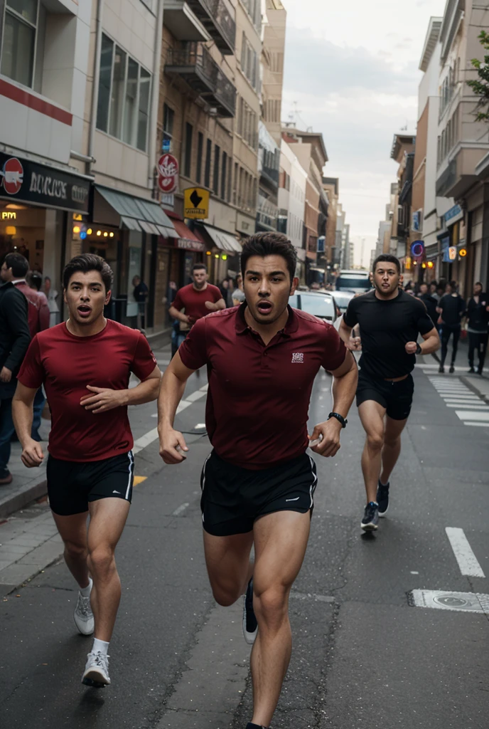 A group of brightly lit sexy balding men shirtless aged 30 with extreme developed muscles very tanned bodybuilder very rugged very masculine, thick arms, huge biceps and triceps and pecs and delts, full body wearing black Lycra cycling shorts with coloured details and sunglasses and silver chain and colourful trainers, running in an underground train carriage