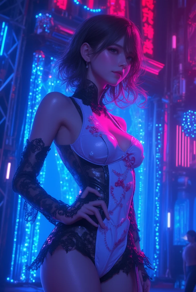 offcial art, Unity 8k wallpaper, Ultra detailed, Beautiful and aesthetic, Beautiful, Masterpiece, Best quality, (zentangle, mandalas, Tangled, entangle), 8K, Skin texture:1.4, tmasterpiece:1.4,Pose behind beauty,(Cyberpunk style Lolita costume in random colors),