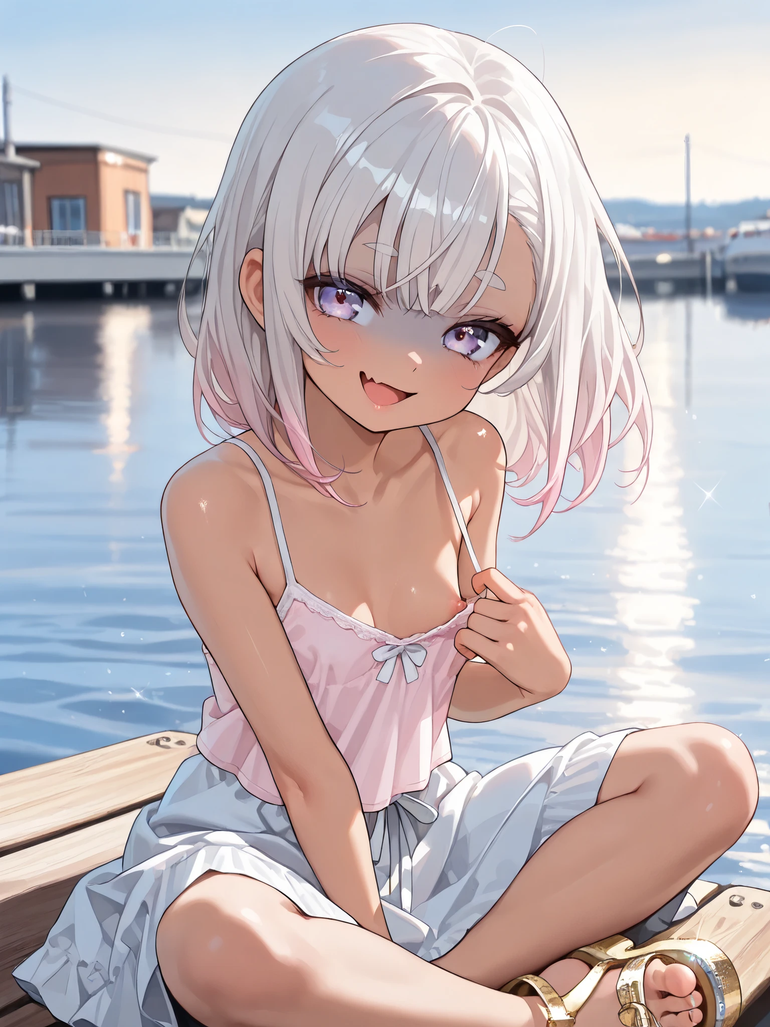 ((Masterpiece)), ((best quality)), (8K), (detailed background:1.3), (super detail:1.2), (High Definition:1.2), (Professional Photography:1.2), (very aesthetic:1.2), (absurdres:1.2), (cinematic lighting), ((1girl)), (cute young girl), ((brown-skinned)), (Healthy Gaunt body, Textured skin, small breast, cleavage, tilt head), Glossy hair, (Asymmetrical bangs, long side bangs), (medium hair, platinum-gold hair, unruly hair, gradient hair), ((naughty smile, open mouth)), skin fang, (pale purple eyes, glitter eyes, gradient eyes, looking at side), big eyes, (short eyebrows), glossy lips, pouty lips, (lower eyelashes), BREAK, ((loose pale pink Lascivious camisole, medium skirt), (Thick-soled sandals, Cheesy sandals)), Beautiful collarbones, (Pulling at the chest of the camisole, pull by self, slightly exposed nipple, small areola), ((indian style sitting on the Dilapidated pier, port town, wavelets)), outdoor, sultry, Beautiful landscape, salt wind, Scattered rubbles, 