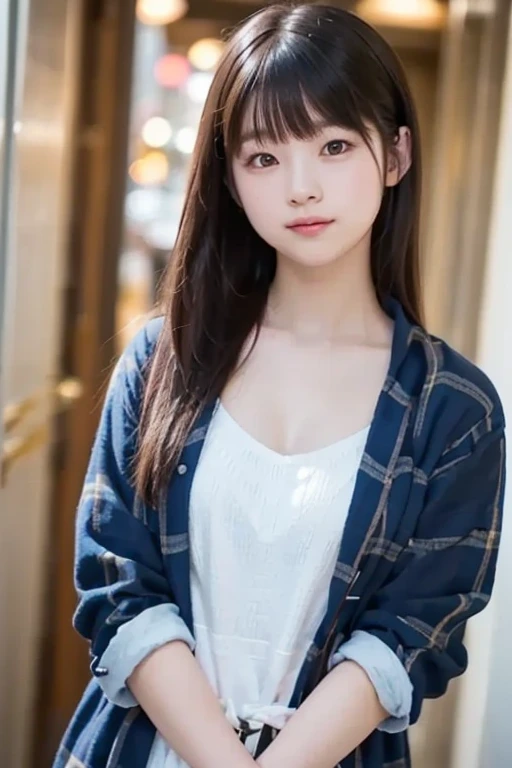 ((highest quality、masterpiece、High resolution))、(((Zoom photo of upper body)))、(A shy smile:1.2)、One 15-year-old female、Beautiful Skin、Beautiful Eyes、Large Breasts、Sailor suit、Black Hair、Straight Hair、Trimmed bangs