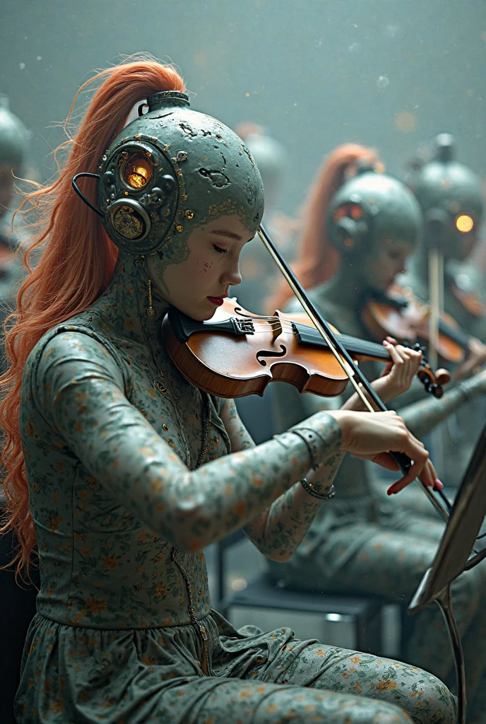 hyper photorealism, perfect anatomy, realistic character, very high contrast lighting, cinematic lighting, dramatic lighting, profile, shot from the back, shot from below, (((a girl on a chair is repairing a machine in the steamy smoky workshop))), (a 19 yo girl, (Ana de Armas:0.70), (redhead:1.1)), very cute and smiley, (perfect eyes:1.1), photorealistic wavy hair, a girl in a steampunk jumpsuit in light gray color, intercom headset, steampunk choker, long leather boots, perfect detailed face, detailed symmetric green eyes with circular iris, fixing a steam engine in the steampunk garage filled with steam and smoke, cogs and gears, steamy background with lots of steam pipes and steam valves and pressure gauges and gears, intricate background, very highly detailed costume, very highly detailed background, steampunk fantasy style, steampunk , steampunk aesthetic, steamy, Canon 5D, f1.8 lens