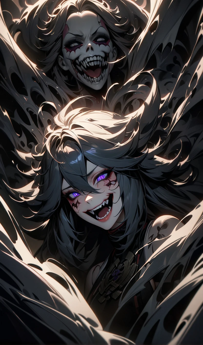 Yae Miko ,dark theme, nightmare, villian,(masterpiece), (best quality), ultra high res, professional artwork, ultra detailed, intricate, detailed face, perfect lighting, 1girl, scary face, laughing