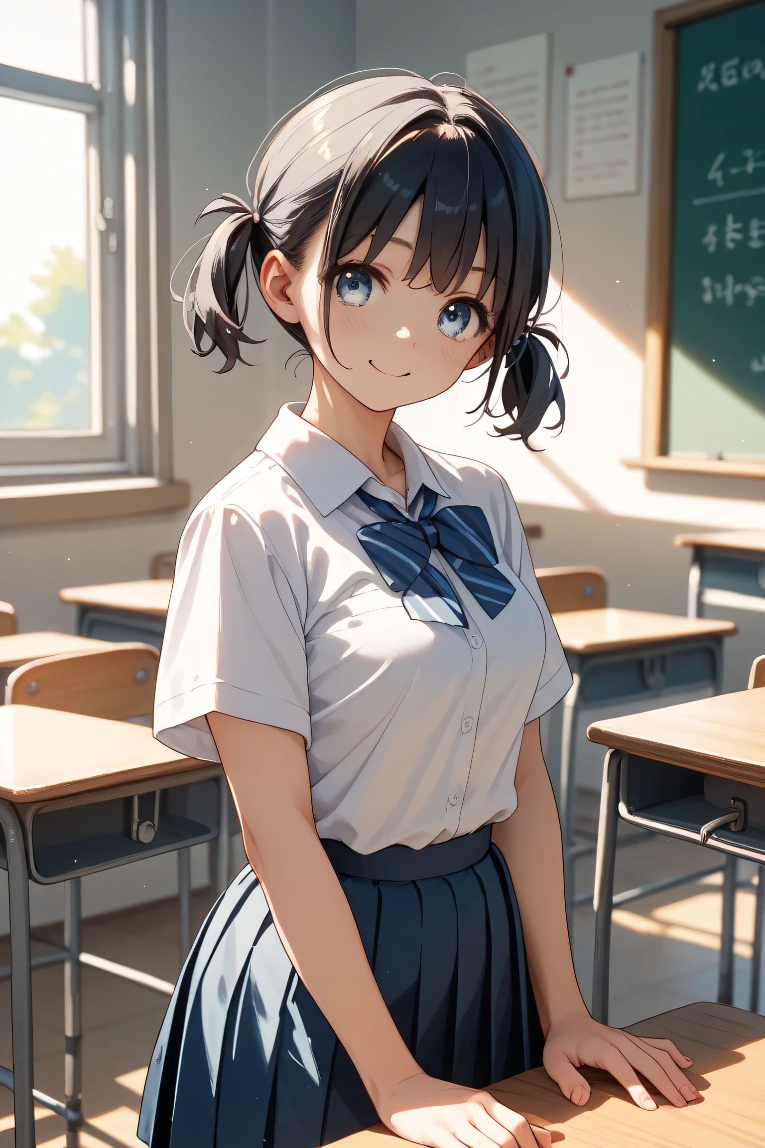 ((masterpiece,Highest quality:1.3,best quality illustration)),((realistic:1.2)),cowboy shot,独奏,1woman,18 year old beauty、black hair,short bob hair,(center parted bangs),black eyes,(gorgeous big eyes),((very small head:1.3)),shy,smile,((slender body,skinny)),(tan skin:1.4),small breasts,White short-sleeved collared shirt、red bowtie,Navy blue pleated mini skirt),gleaming skin,oily skin,slender body,sweat,classroom、School、Tokyo、
