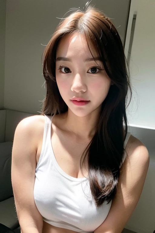 ((Best Quality, 8K, Masterpiece: 1.3)), 1 Girl, Plump Abs Beauties: 1.3, (Long Hair, Big Hair: 1.2), Oversized Tank Top: 1.2, Super Delicate Face, Delicate Eyes, Double Eyelids, Smile, Home, Random Color Clothes, Squatting Cowgirl, , Gonzo, Skinny, Erotic, Sexy, Japan Idol Average Face, NSFW, NAKED, Small Underwear, Small Swimsuit, Woman lying on bed, chest poop, Sukesuke's clothes, crotch up, Mio Ishikawa, empty-handed