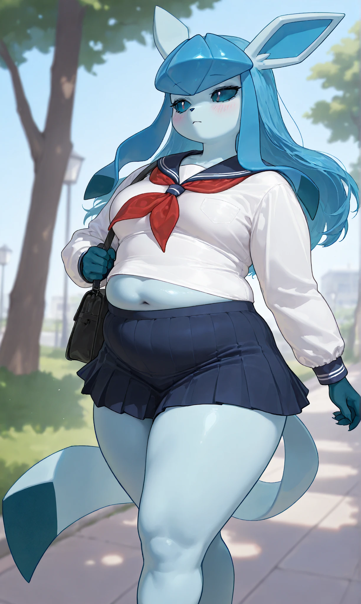 saori joumae, blue eyes, blue hair, halo, long hair, massive breasts, wide hips, outdoors, lake, upper body, torn clothes, massive hips, fat, bare arms, bare shoulders, belt, black headwear, black pants, black shirt, blue gloves, crop top, gloves, leggings, midriff, navel, pants, shirt, sleeveless, sleeveless shirt