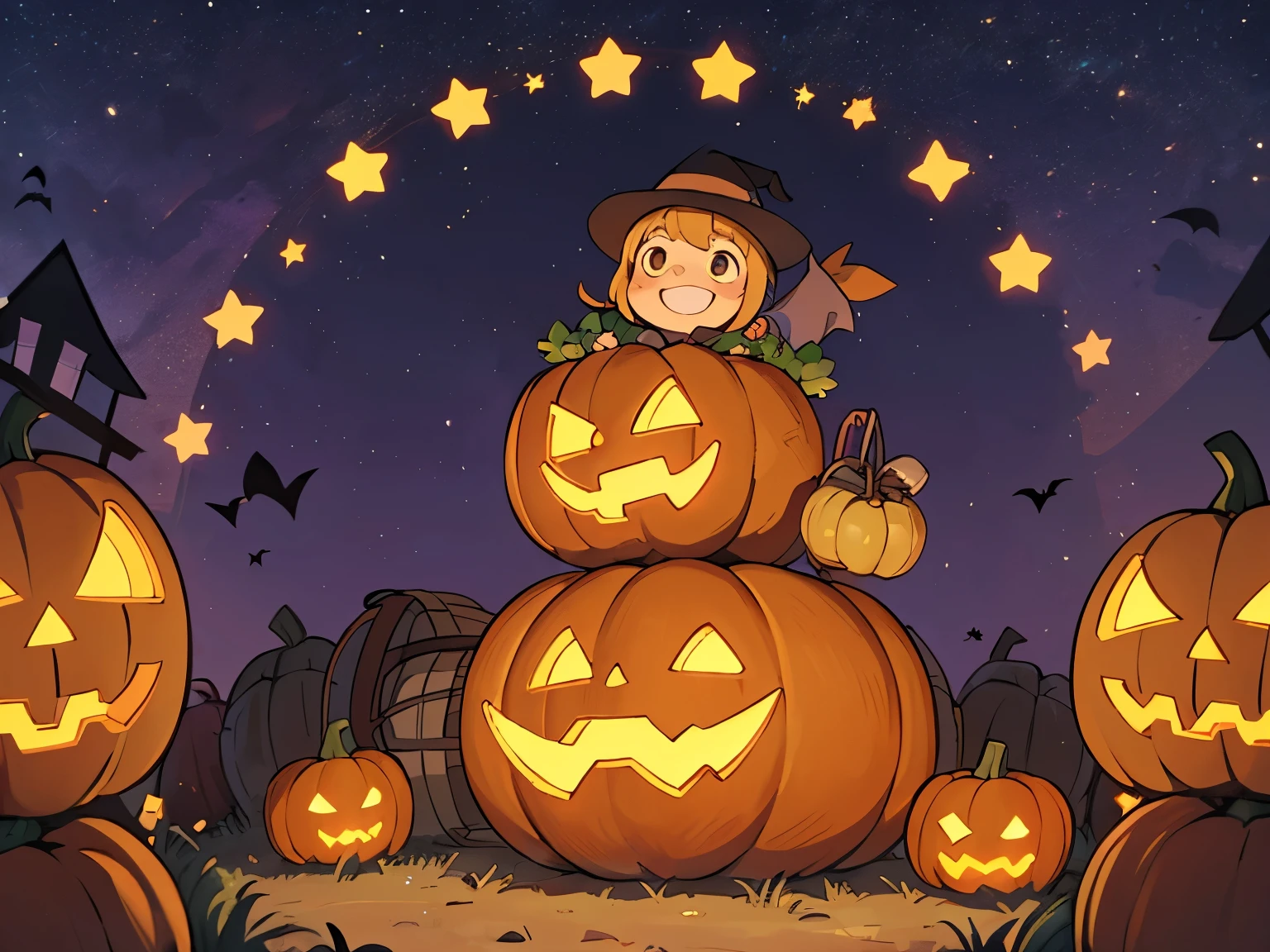 score_8_up, a withc is flying on a rocket broom over a foggy forrest. The moon is a huge carved pumpkin