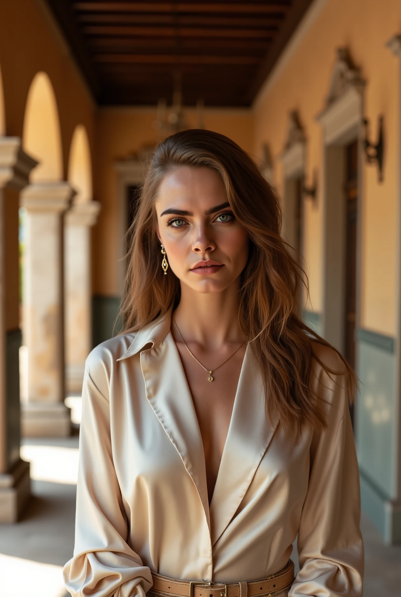 woman, summer satin shirt, long sleeves, jewelry, necklace, bracelet, vintage spanish hallway