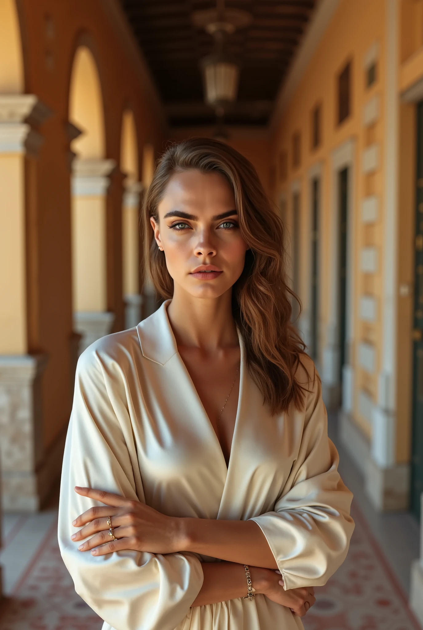 woman, summer satin shirt, long sleeves,  jewelry, necklace, bracelet, vintage spanish hallway