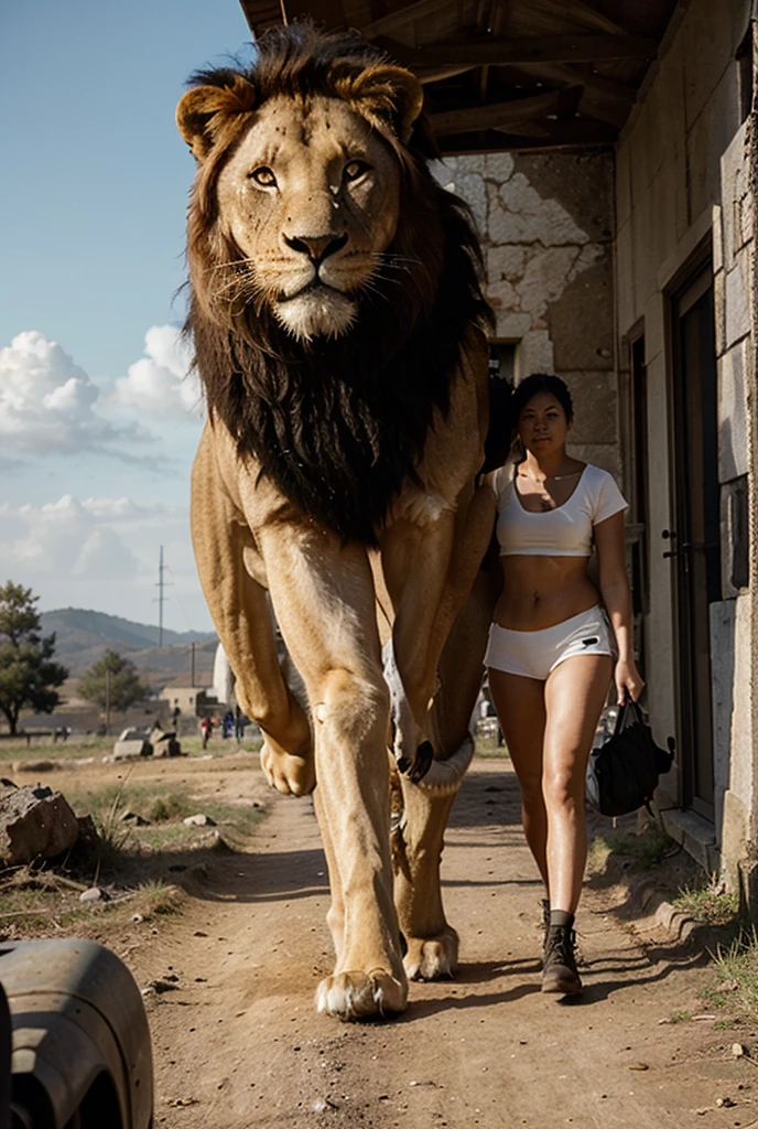 (best quality,4k,highres,ultra-detailed:1.2),strong confident person, well dressed woman:1.1,walking in the city with a large lion on a leash, majestic lion:1.1,beautiful detailed eyes, long flowing hair, wind blowing, ,sunset lighting,soft warm colors,golden hues:0.9,gentle sea breeze,lion's fur shining in the sunlight,warm sand beneath their feet,peaceful atmosphere,people in the distance admiring the unusual sight,harmonious connection between man and beast,lion's powerful presence in contrast to the calm surroundings,awe-inspiring scene.