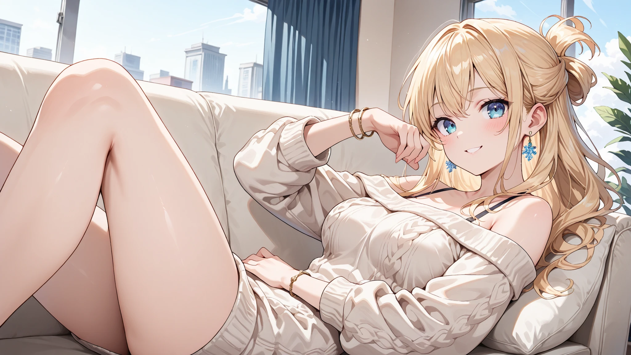(masterpiece, best quality:1.2), solo, Android 18 from Dragon Ball, ((light gray baggy T-shirt, short sleeve, black thin thigh highs, knees up, beautiful butt, pink panties)), small breasts, blonde hair, (single hair bun), ((blue eyes)), (wearing glasses), earrings on earlobes, slender feminine figure, skinny body, cleavage, light blush, chill, organized, simple, white-based interior, a few plants, cloudy sky, terrace, magnificent view, blur background, 4K, on the cute chair, (pale blue chair),
