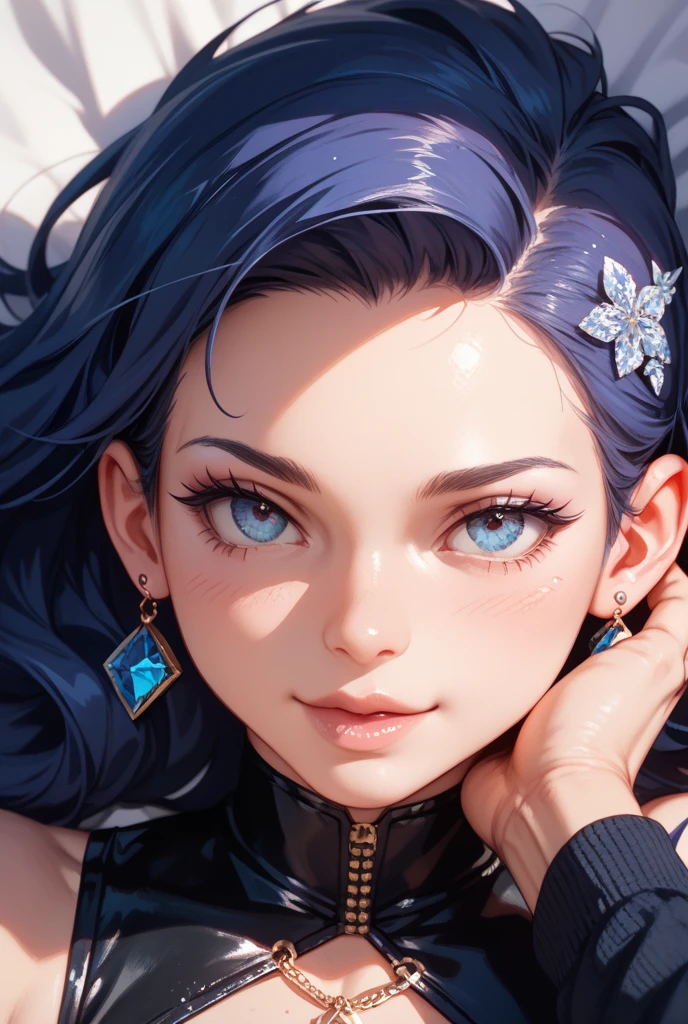 Masterpiece, raw, beautiful art, professional artist, 8k, art style by sciamano240, very detailed face, very detailed hair, 1 mature woman, perfectly drawn body, beautiful face, long hair, light blue hair , very detailed blue eyes, pouty lips , rosey cheeks, intricate details in eyes, playful smile, looking directly at viewer , in love with viewer expression, black chocker, lipstick, very close up on face, studio setting,