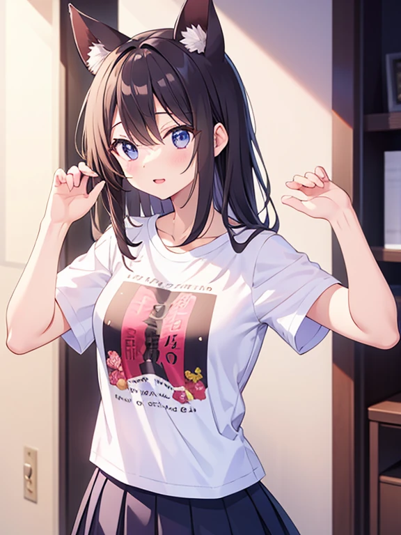 Highest quality,masterpiece,indoor,office,Highest quality, Very detailed, (masterpiece), (illustration),Are standing, (face focus),((upper body)),Red eyes, Shine目,Long twin tails, brown hair, bangs, Shine, eyebrows visible through hair,((Plain white T-shirt)),((Light blue plain skirt)), Flat Chest,shy, blush, (looking to the side ), Close your mouth,((shirt lift)),Light blue sports bra,bare breasts,