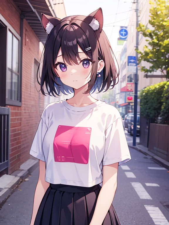 4K, (work of art), highest quallity, 2d, ((rebeld girl)), (teenage anime girl), (shirt cute, bear shirt, Punk Girl, in a bike, short hair with long bangs, heterochromatic eyes, ssmile, full height, clean eyes, black eyelash, (intrincado detalhado), dramatic, makoto shinkai, purple eyes