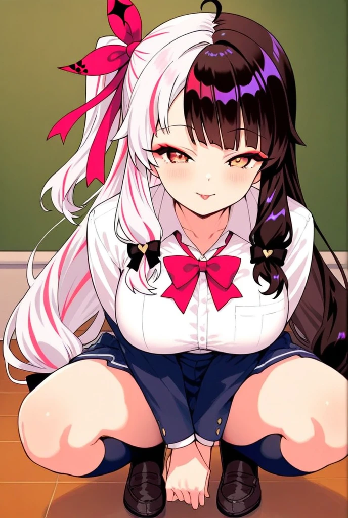 Colorful hair and colorful dress in anime ((cat-eared 1girl)), school uniform pastel vivid, rossdraws cartoon vivid, anime style 4k, beautiful anime portrait, artgerm colorful!!!、! dream art germ, beautiful anime, cat ear 1girl, anime style digital art, anime art wallpaper 4k, anime art wallpaper 4k, digital anime art, highly detailed art germ, school uniform, full body, sitting in her office, white hair, front view, smirking, (nsfw:1.5)