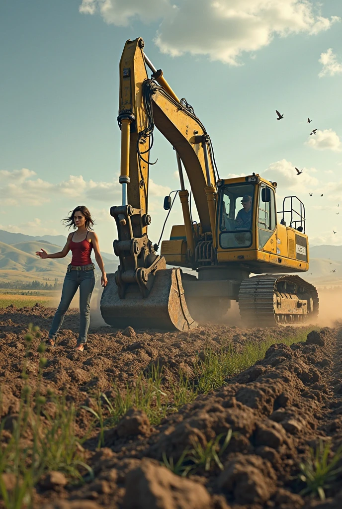 A woman stands in front of a mech,Holding a camera in his hand --auto
