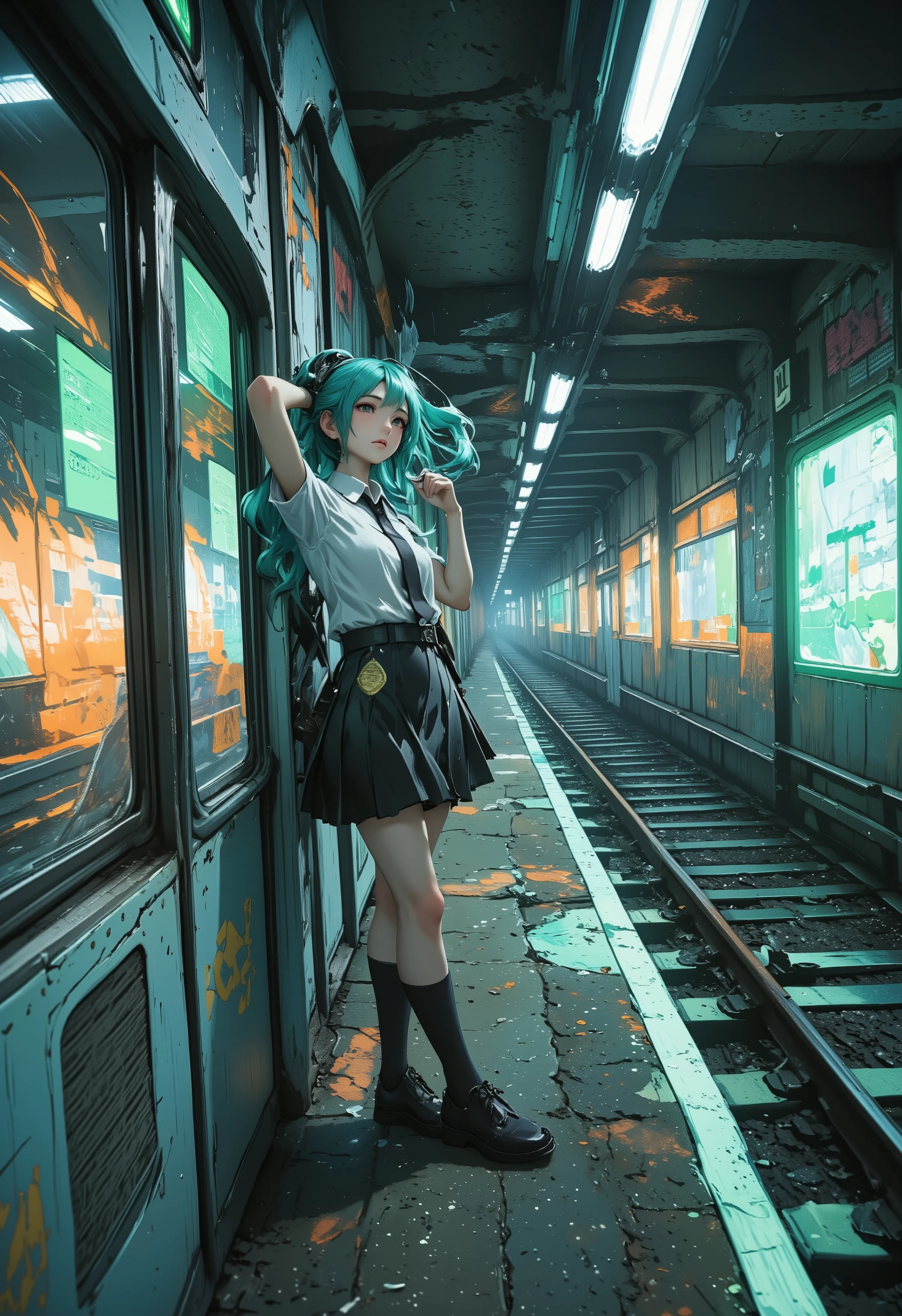 Underground subway tunnel environment, Hatsune Miku leaning against metal column under concrete arch, teal hair strands lifted by tunnel draft, tunnel wall lights streaking orange trails across speeding train windows, emergency exit green glow clashing with carriage's cold white ceiling lights, graffiti textures contrasting with reflective warning stripes on concrete walls, ventilation grilles fluttering uniform skirt, captured reflection in obsidian-like train windows of parallel tunnel