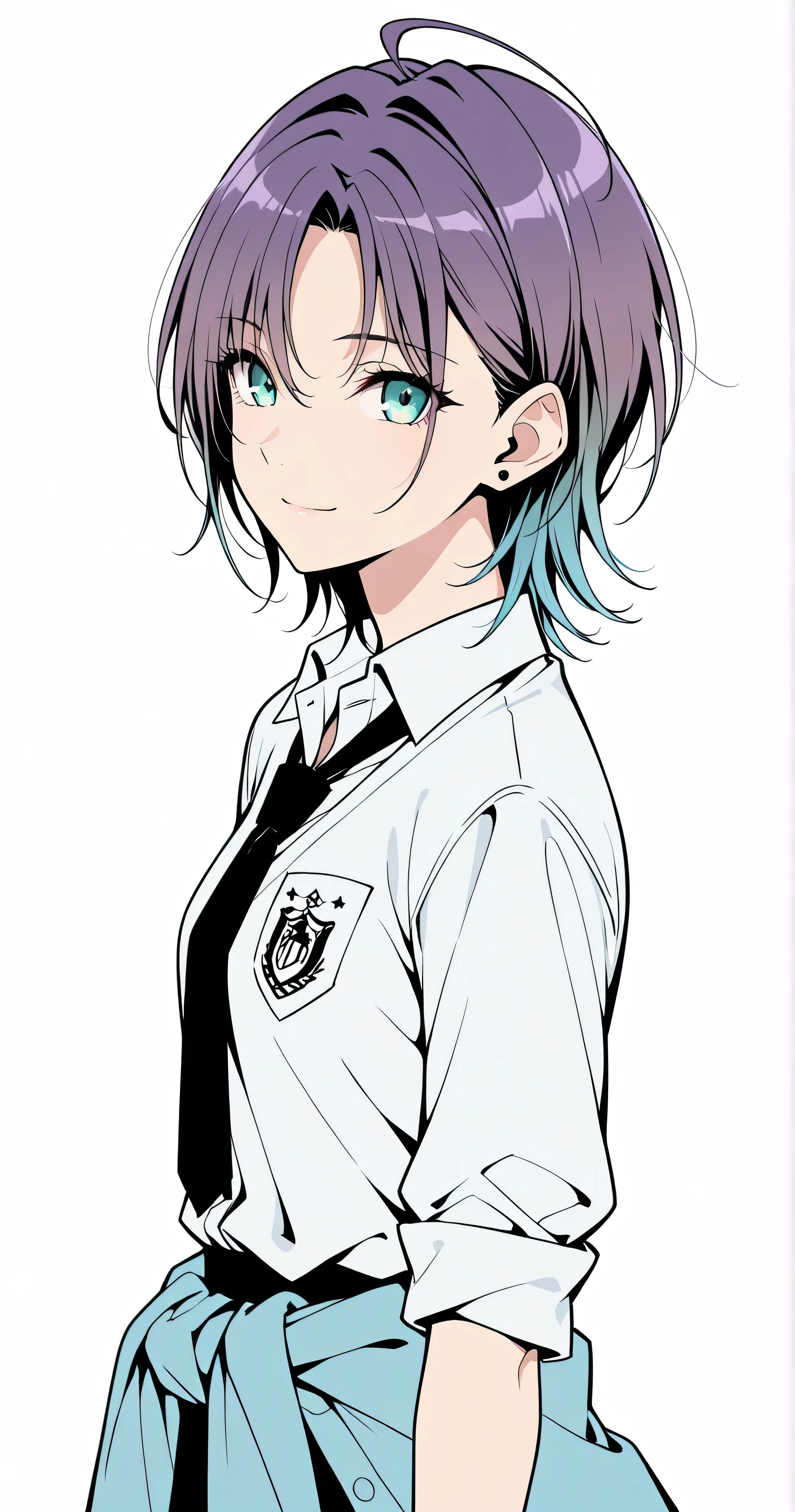 2Danime-style, Cell-shaded style, (flat color:1.3), Toru Asakura, t_asakura, upper body, side view, light smile, looking at viewer, flawless porcelain-like skin, dewy radiance, cinematic lighting, sharp focus, clear lines, crisp outlines, dynamic clean line art, fine contour lines, harmonized colors, vibrant colors (1.5), ultra-detailed, detailed aqua eyes, intricate irises, beautiful eyes, ultra-detailed eye contours, short choppy messy pixie cut purple hair, parted bangs, gradient hair, blue hair, multicolored hair, ahoge, glossy highlights, silky smooth hair, delicate strands, slightly messy hair (1.1), black necktie, white shirt, soft light blue cardigan around waist, school uniform, arms relaxed by sides, gentle posture, simple background, highly detailed face, flawless skin, youthful, natural elegance, perfect anatomy