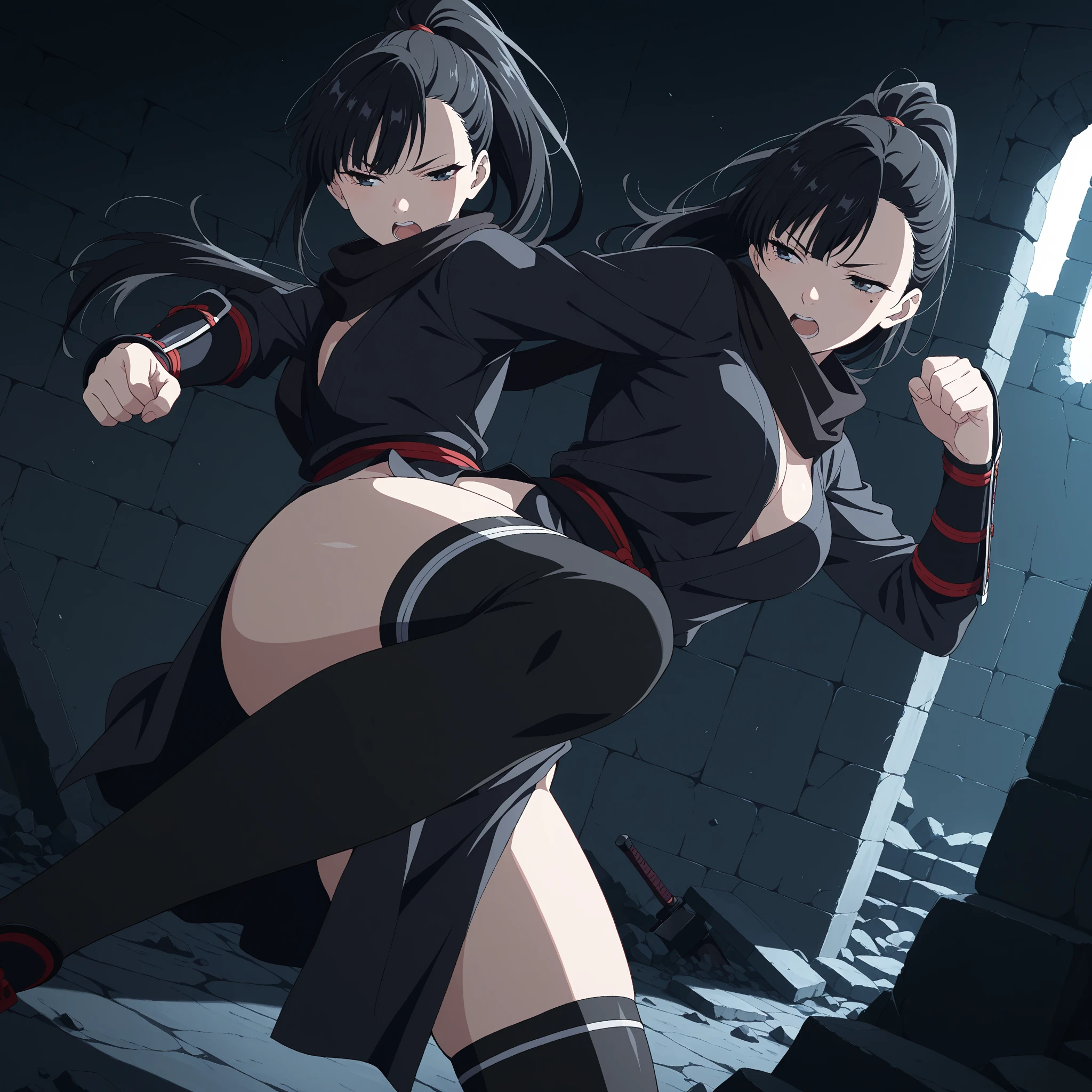 a afroHero (masterpiece, best quality), Female, woman character, (((fighting kung fu against 3 enemies around the city)), (comic style artwork with perfect anatomy), perfect body, transparent wet ultrathin white dress shirt unbuttoned, black knee high tights, black short miniskirt, highly detailed--no outline
