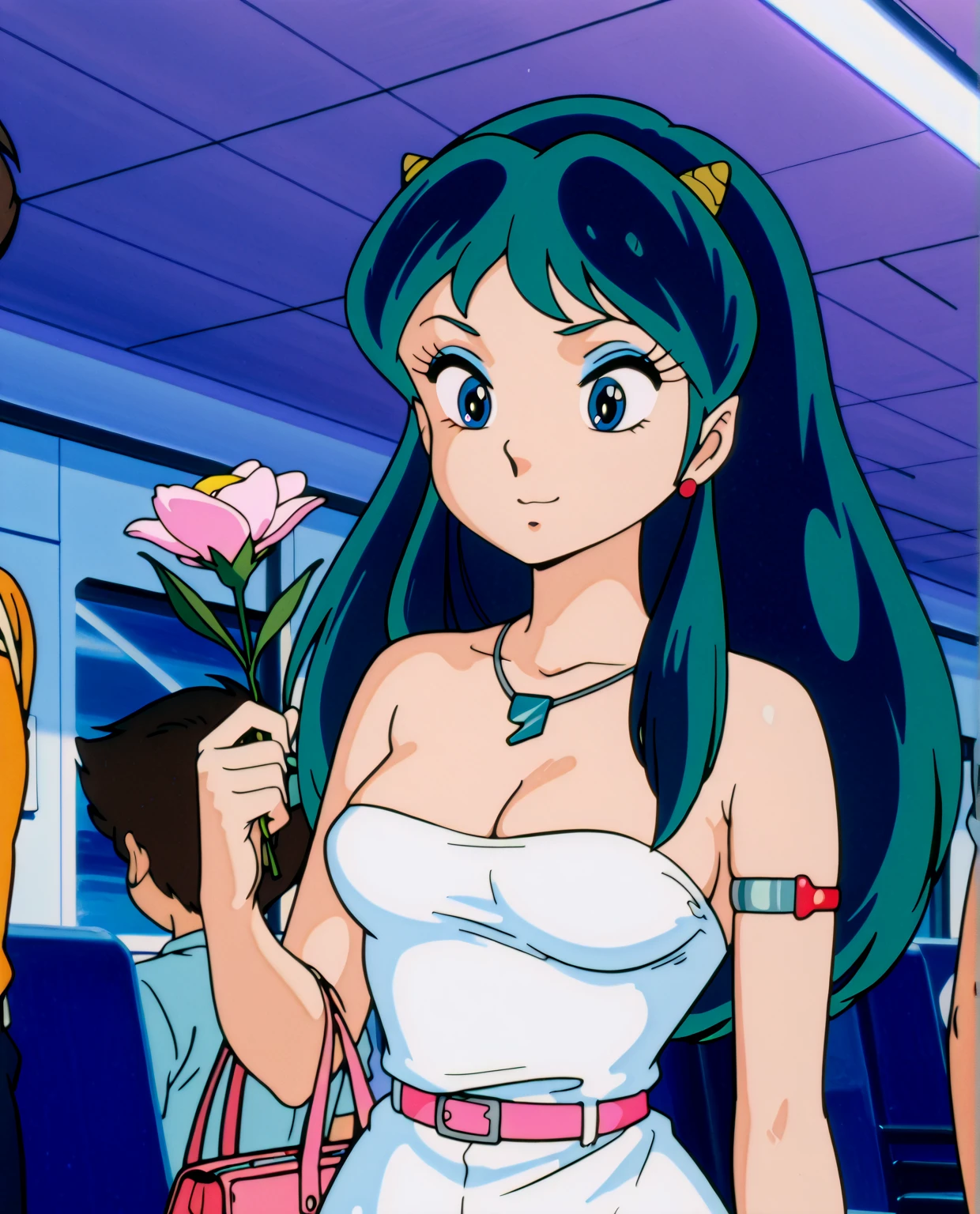 NSFW, masterpiece, (best quality: 1.2), long hair, blue eyes, green hair, worns, big breasts, evil_smile, sexy, ((NURSE)), red lipstick, fishnet stocking, cum shot, showing breasts, ((seducing a boy: 1.5))