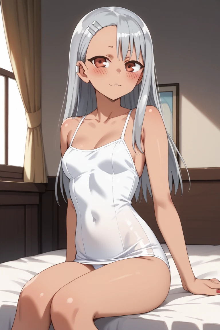 from above,illustration,1girl, purple eyes, silver white hair, long hair, hair ornament, braid, Emilia re zero, looking at viewer, light smile, (breast focus), (arms behind back:1.2), average breasts, (breasts out:1.2), midriff, collarbone, bedroom, sweat, Playboy bunny, tight, pantyhose, see-through,