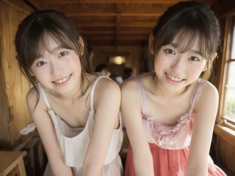 Two Girls、Fun atmosphere, Beautiful and beautiful eyes, Cute Hairstyles, Bright costumes, Strike a pose playfully, wood々Sunlight coming in through gaps, Soft Shadows, Lively expressions, Zola々energy, Laughter and giggles, Delicate flowers,、Friendship and Bonds, Capture the happy moment, Moderate: Highest quality digital illustrations, High resolution), Very detailed, Realistic, Natural light、Light color mini camisole、Neru&Hinano、