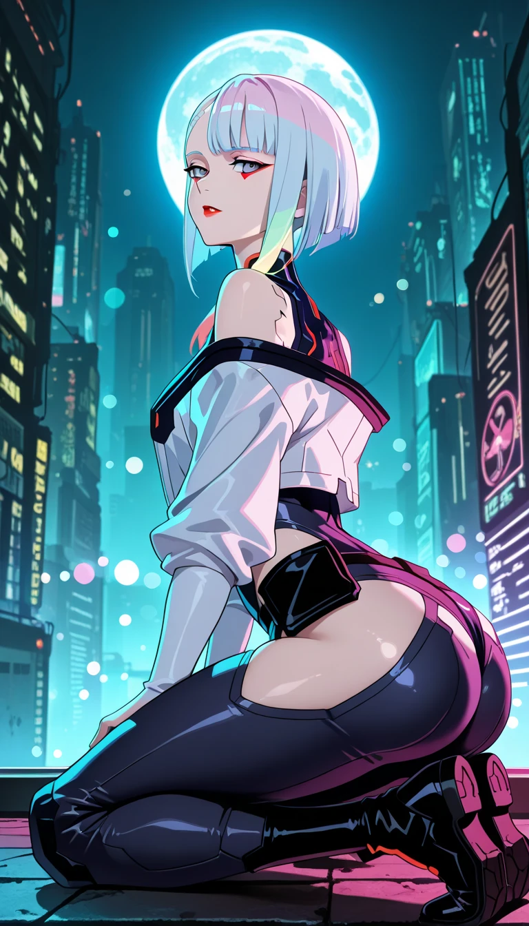 mad-neon-noir, lighting is dark and moody, indoors, penthouse, window show a city landscape at nighttime, short hair, lucy (cyberpunk), 1girl, bangs, multicolored hair, red eyeliner, makeup, cyberpunk, white hair, red lips, multicolored eyes, , parted bangs, night, blunt bangs, Selfie, sitting, fully exposed, , , glowing eyes, Lucy's eyes are glowing and she has a serious look on her face