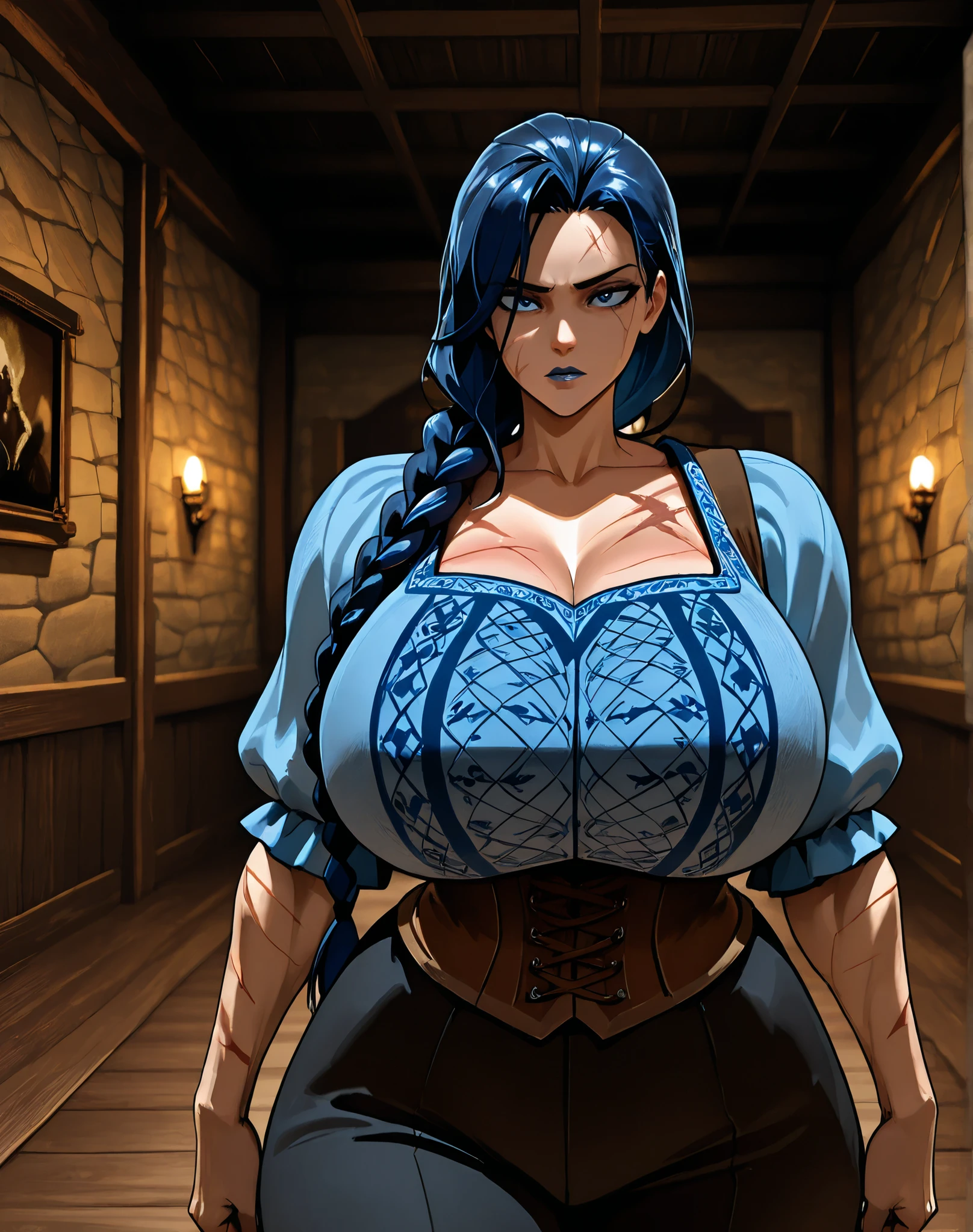 (masterpiece, best quality, ultra detailed, beautiful illustration), atmospheric perspective, depth of field, looking at viewer, beautiful detailed eyes, anime eyes:1.4, (cowboy shot), action pose, dynamic angle, (outdoors, temple, blue sky, clouds), 1girl, smile, (large breasts), theifFFT, long hair, black hair, blue eyes, cape, armor, red dress, belt, gloves, boots, holding a dagger, ((Cleavage)), (((Huge breasts)))