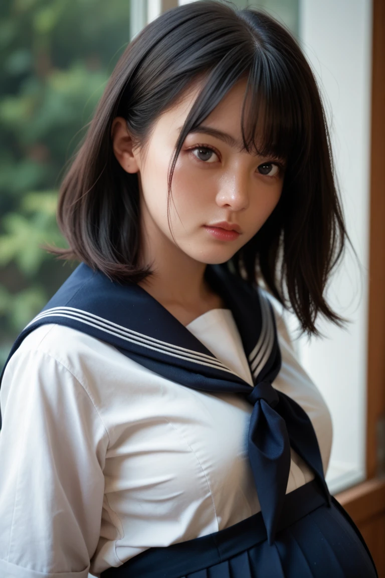 ((Melancholic expression))、((Sad face))、((Angry face))、((Crying face))、(長いBlack Hair)、((((Looking up at the viewer))))、((Highest quality、8k、masterpiece))、Sharp focus:1.2、、((Cleavageが見える))、((Big Breasts))、(Cleavage))、masterpiece、Highest quality、Woman 1、Very detailed、The view looking up from directly below Black Hair Face seen from below ((Japanese schoolgirl))、((Summer sailor uniform))、Pleated skirt、((Big Breasts))、(Cleavage))、Under the chest、Chest seen from below Let me me'Let me'Let's take a look under the sailor suit,((A slightly higher angle))、((from the front))