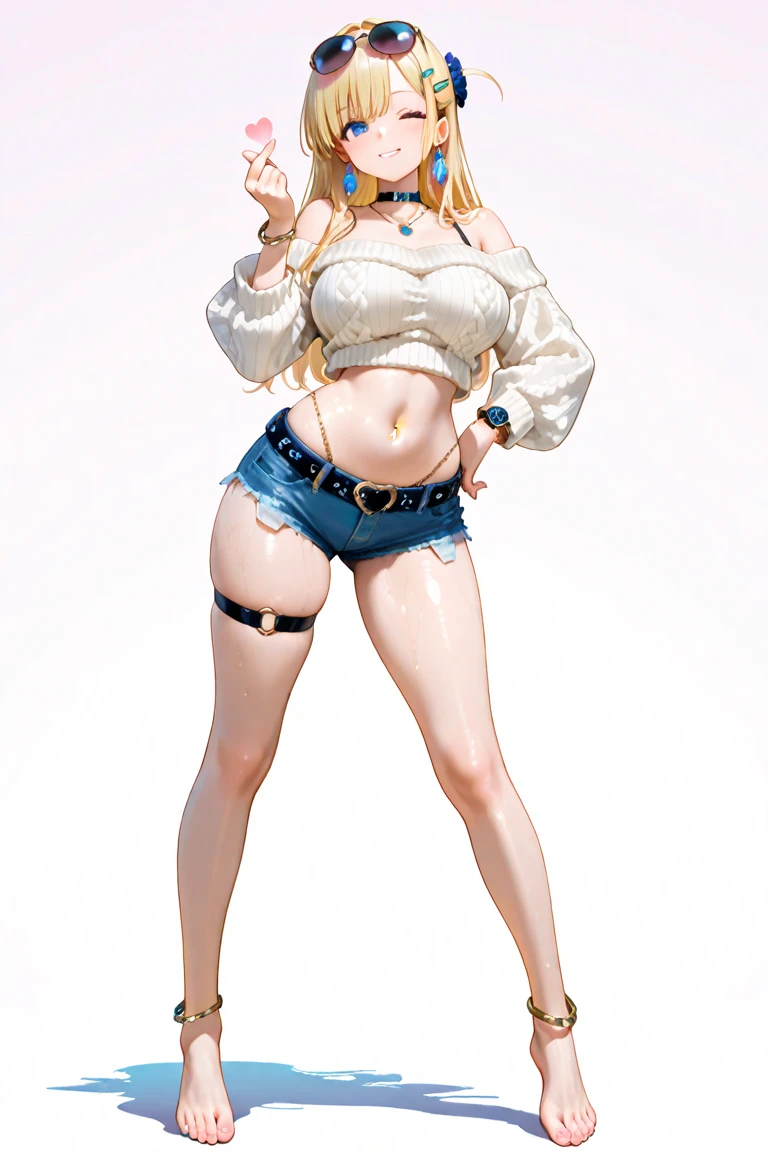 full body standing symmetrical barefeet ((very white skin, girl blue eyes, long blonde hair, big knockers cover BRA tiara))