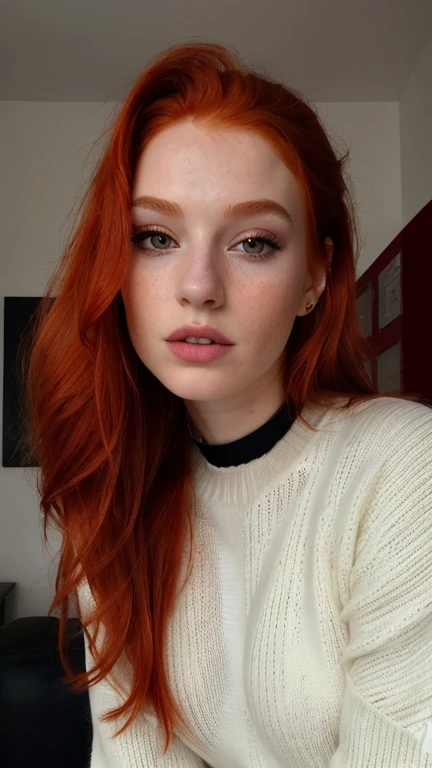 raw photo, (18yo redhead girl:1.2), makeup, graphic eyeliner, rouge, (choker:0.9), realistic skin texture, oversize knit sweater, (red:0.8), softcore, warm lighting, cosy atmosphere, instagram style