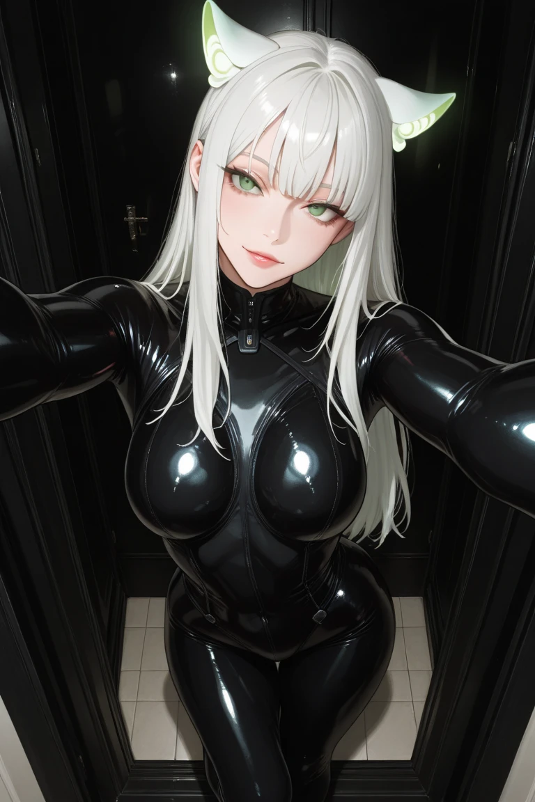 8k UHD of the highest quality. 1 girl, beautiful body, big breasts, silver hair, With glasses, metallic black latex suit, Pose with legs open..、Metallic Black Latex Wetsuit with Hidden Skin.