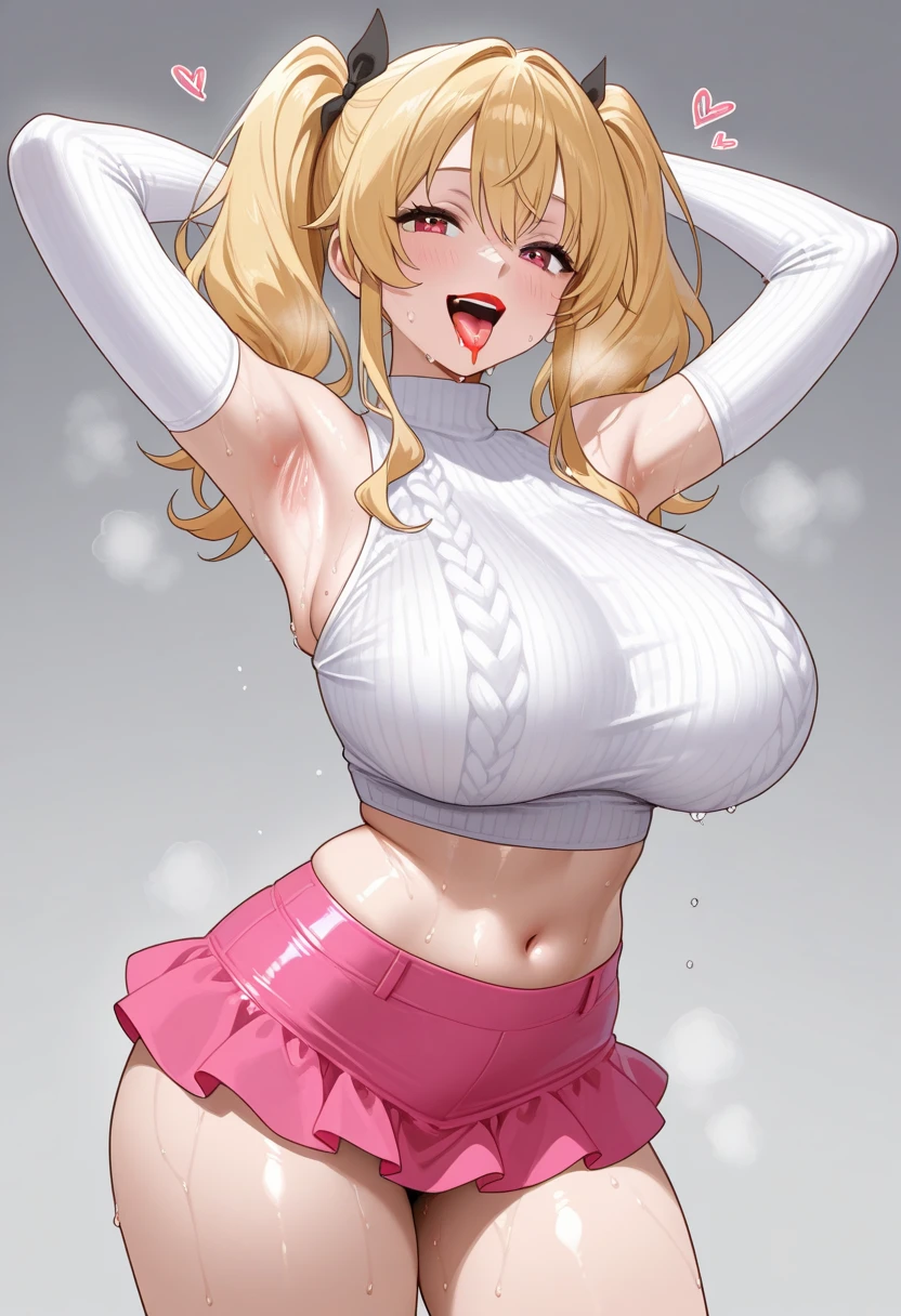 an awesome wallpaper with art and kinky character on the left side with hearts on it, 1girl, breasts, one eye closed, long hair, animal ears, green eyes, thighhighs, blonde hair, solo, heart, navel, smile, open mouth, sweater, very long hair, pink hair, large breasts, underboob, white background, arm up