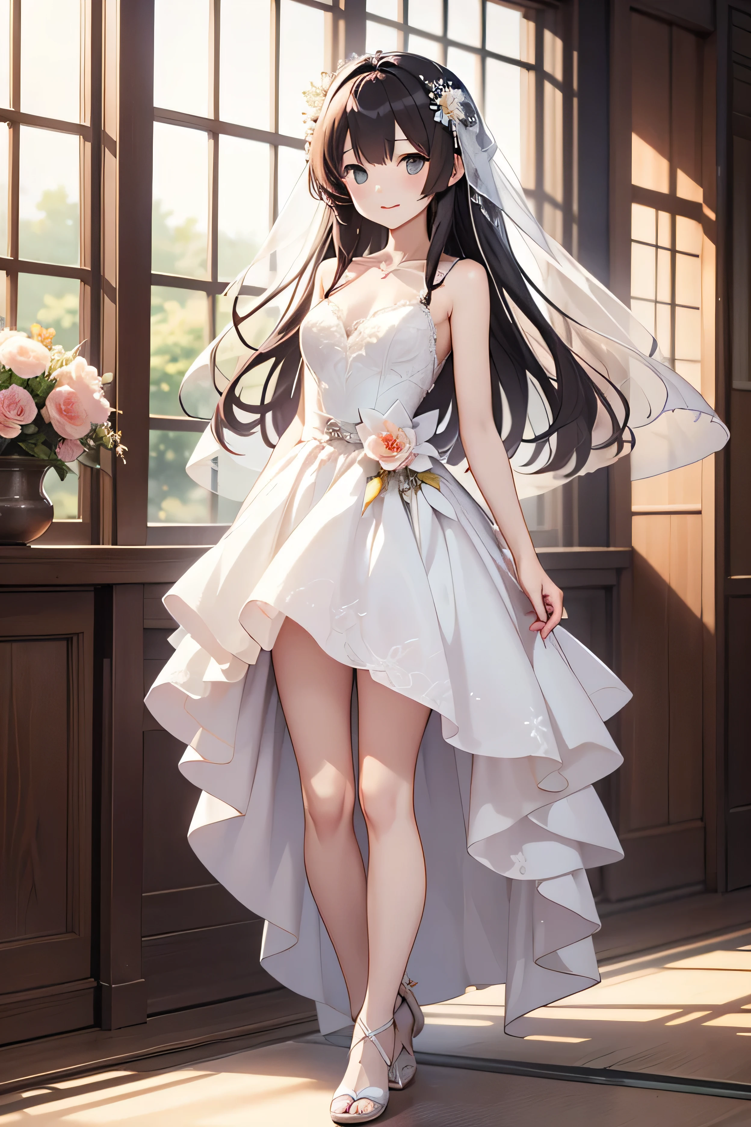 A girl, Wearing a wedding dress, White Wedding Dress, whole body, Slim, Long legs