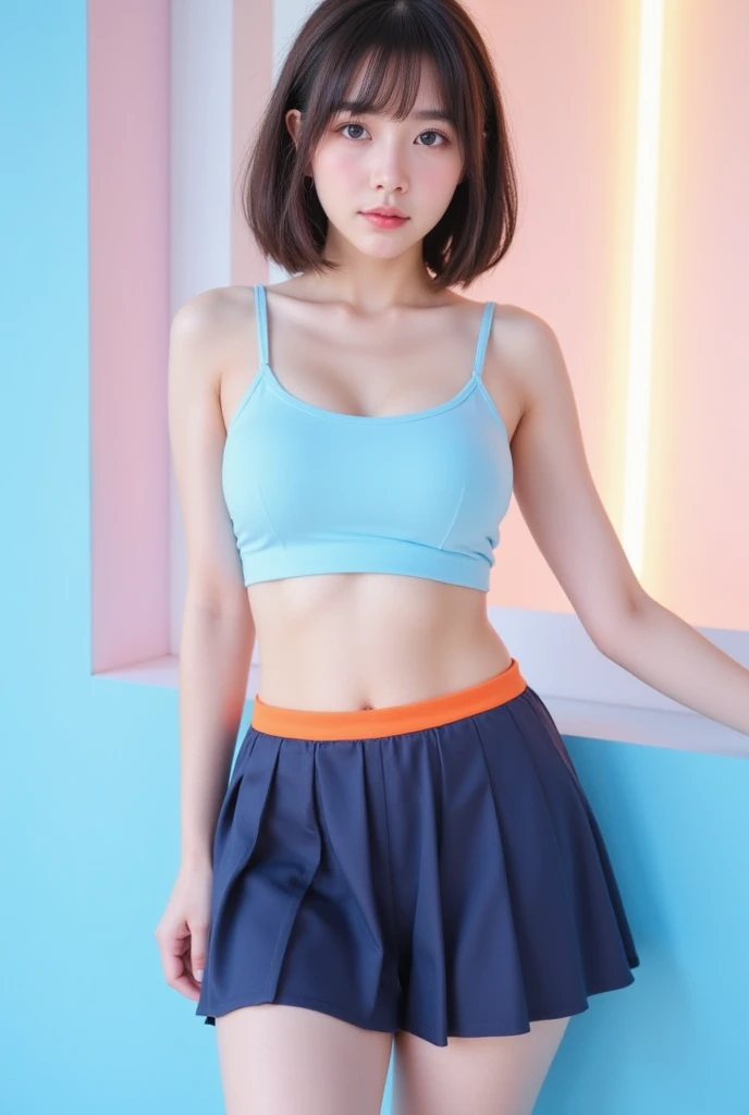 A girl wearing a maid outfit and a crop top, 13 years old, ((Raise your arms, Show me your armpits)), Troubled face, Short Bob, Very slim, Showing your belly button, skirt, Mansion, beautiful Stomach, Stomach, (To NFSW:1.5)