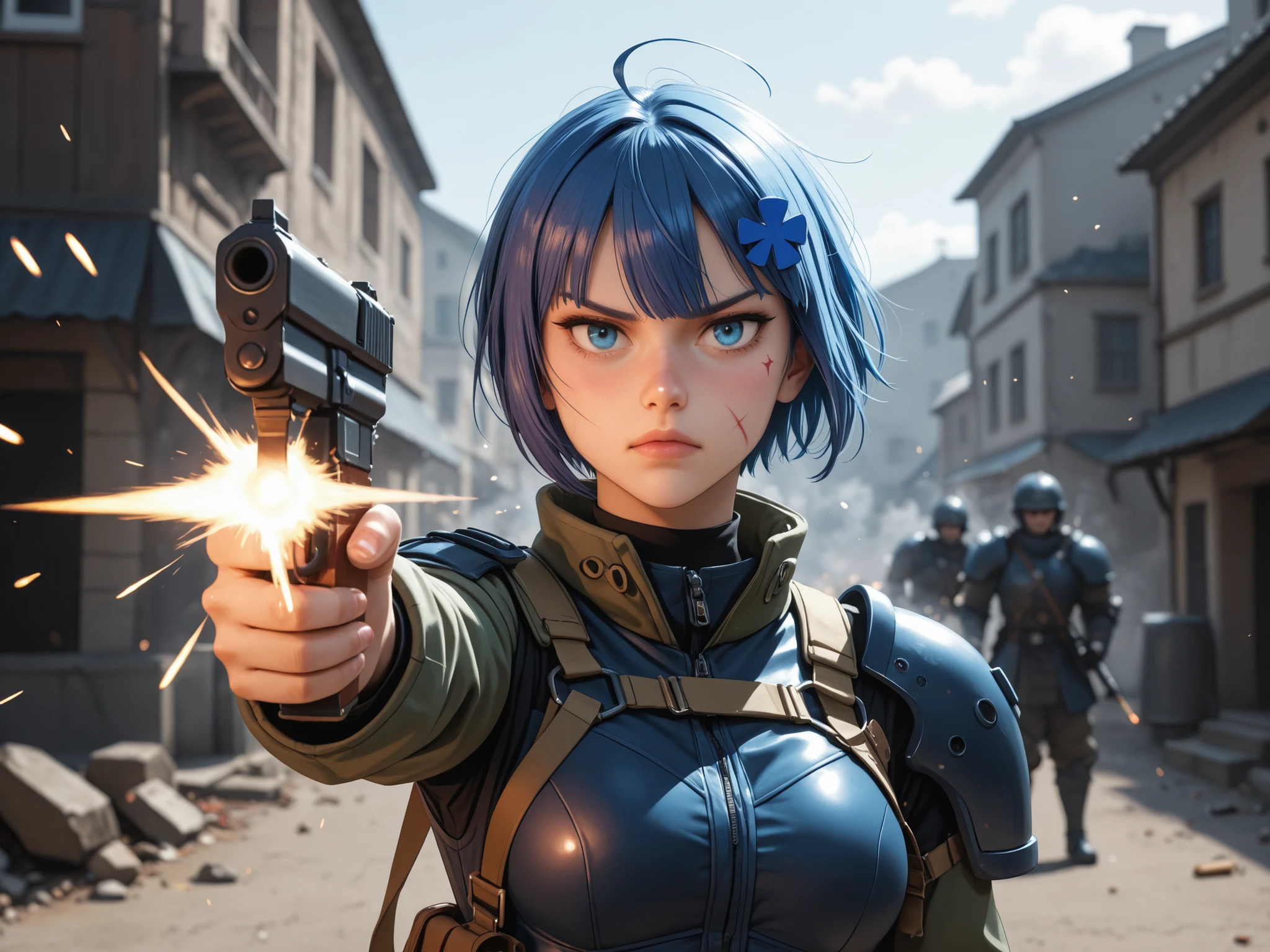 Beautiful girl on battle field shooting firing bullets m416 gub wearing reavling outfits blue short hair Blue eyes angry scars