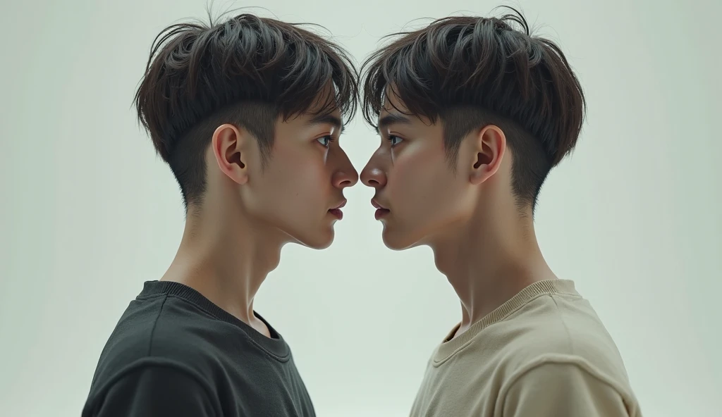 A warm-colored Wattpad book cover about two teenage boys looking into each other's eyes, both with black hair, one longer than the other, that the cover contains sunflowers. Let it be seen in drawing quality