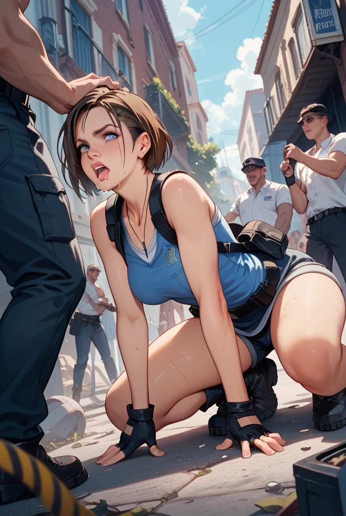 score_9,score_8_up,score_7_up,score_6_up,score_5_up,score_4_up,rating_explicit, jill_valentine, resident_evil, 1girl, brown_hair, blue_eyes, bdsm, bondage, bruises, cum in mouth