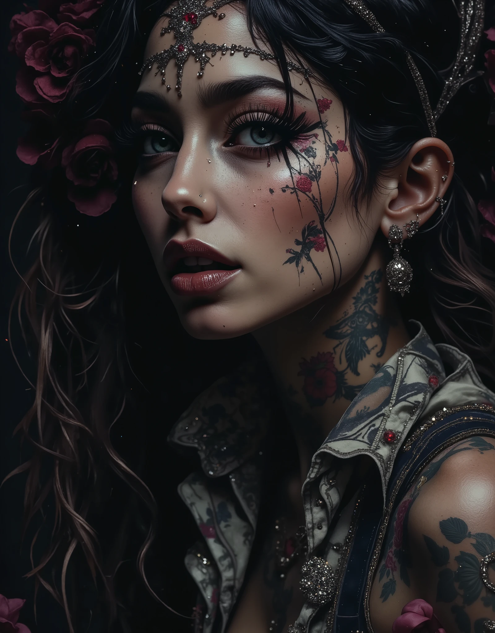 ((image in the center, close-up of a beautiful woman, full face with exaggerated features, caricatured in the style of kawaii : 1.52, thick and plump lips with sequins that can be kissed, large, with sparkles and reflections, false eyelashes and elongated eyes : 1.5, Beautiful face of a girl , magnificent digital image with details, A sophisticated woman, full lips in the style of Angelina Jolie, long false eyelashes, eye makeup, rosy lips and cheeks, wears earrings all over her ear, similar to piercings, and a ring inserted into the auricle, realistic 4k digital art, realistic 4k digital art, tattoo style, cyberpunk style, Girl with glasses, chiaroscuro, cinematic lighting, optical illusion, high resolution, U high definition, retina, body, body masterpiece, Precise, spectacular appearance, Textured skin, super detail, high detail, High quality, awarded, high quality confirmation, high resolution, 1080P, high definition , 16K