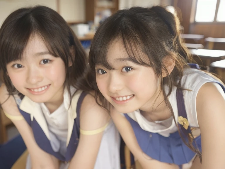 8k、best image quality、masterpiece、summer、Japanese high school girl meets friends while commuting to school。she smiled。、I winked in my right eye.、12age、short hair、