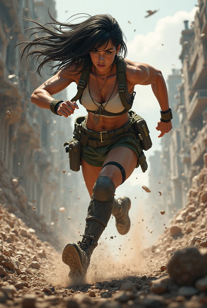 (Photorealism:1.2), sexy woman soldier, A soldier running with a square cartridge in each hand.