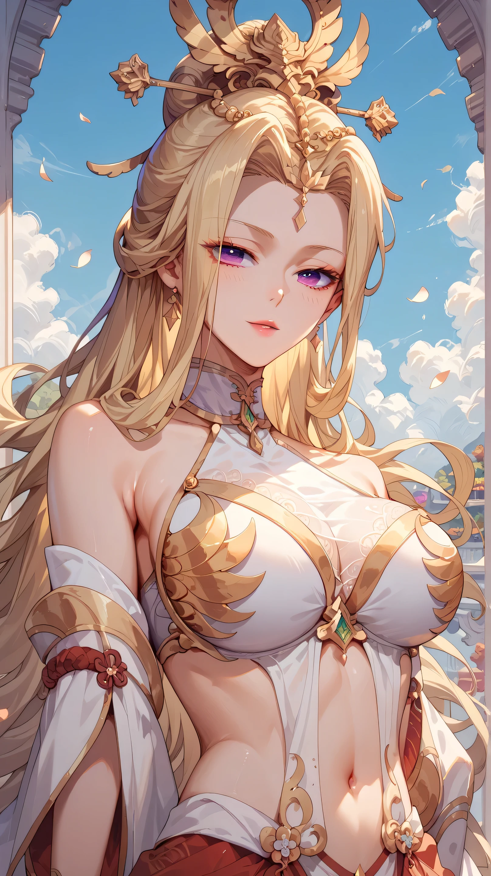 Qian Renxue from Douluo Dalu, blonde hair, purple eyes, beautiful woman, regal attire, modest clothes