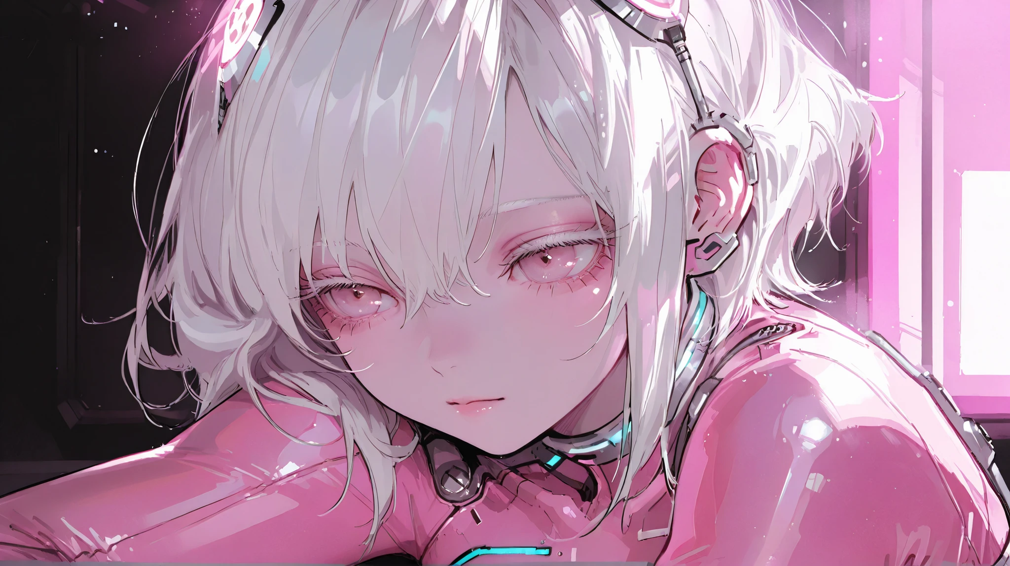Masterpiece, top quality, good quality, average quality, super detailed, very beautiful, upper body, view here, cyber punk, soft lighting, fine hair, sensitive, one girl, solo, white hair, pale pink eyes, white lashes, pink bodysuit