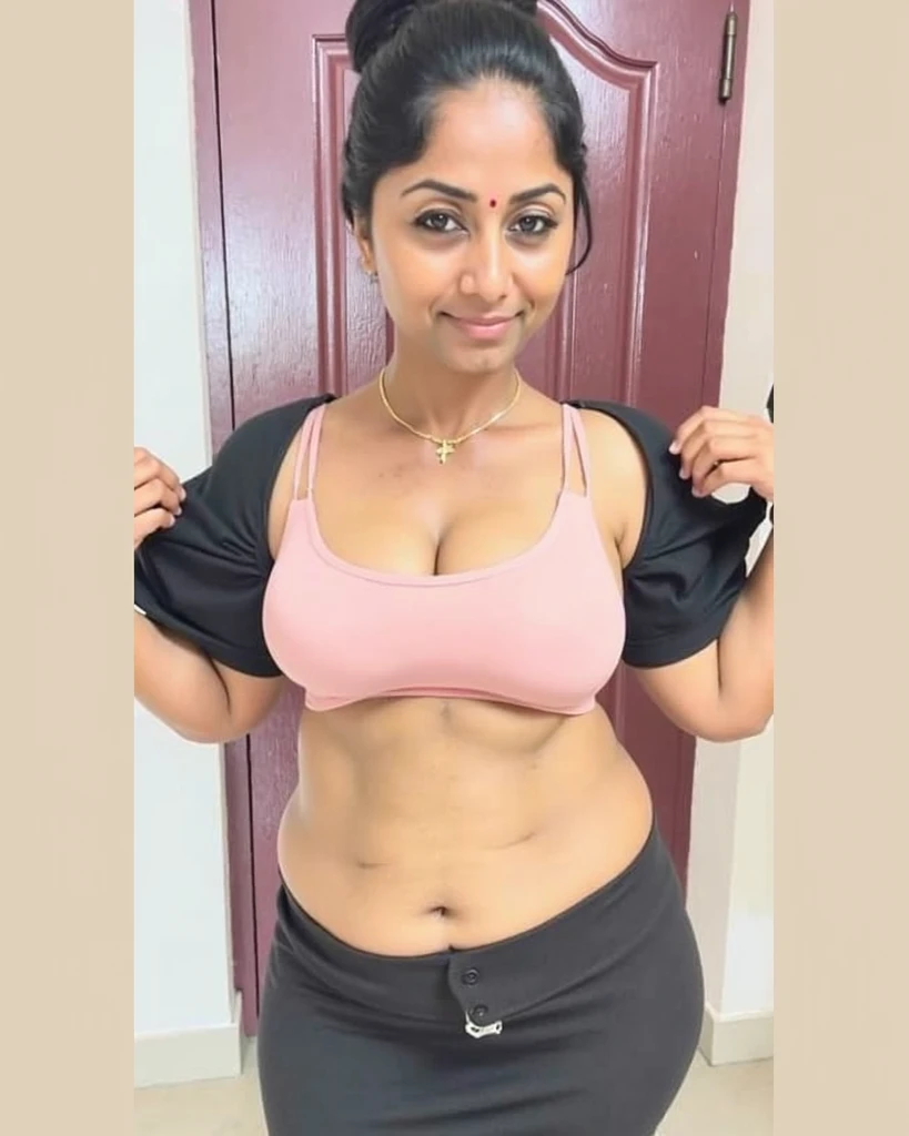  6 year old totally tanned, (tongue out and mouth open:1.2), (raised eyes:1.3), tight pink cotton shorts, all-body, I consider sexy, captivating smile, Impressive bust, short black hair, Beads, Rich apartment, bright sunny, shirt wet (indian babe)