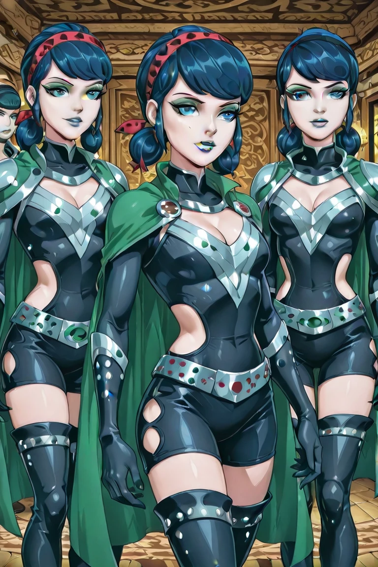 masterpiece, best quality, highly detailed, 8k, horror background, anime, 1girl\(20-year-old, witch, kneel, grinning, evil, athletic:1.2, muscular:1.2, abs:1.2, long legs:1.4, curly red hair, big breasts, green stockings, green thigh boots with high heels, revealing clothes:1.2, slender waist, tight butts, beautiful face, red eyes, dynamic pose\), full-body image:1.2