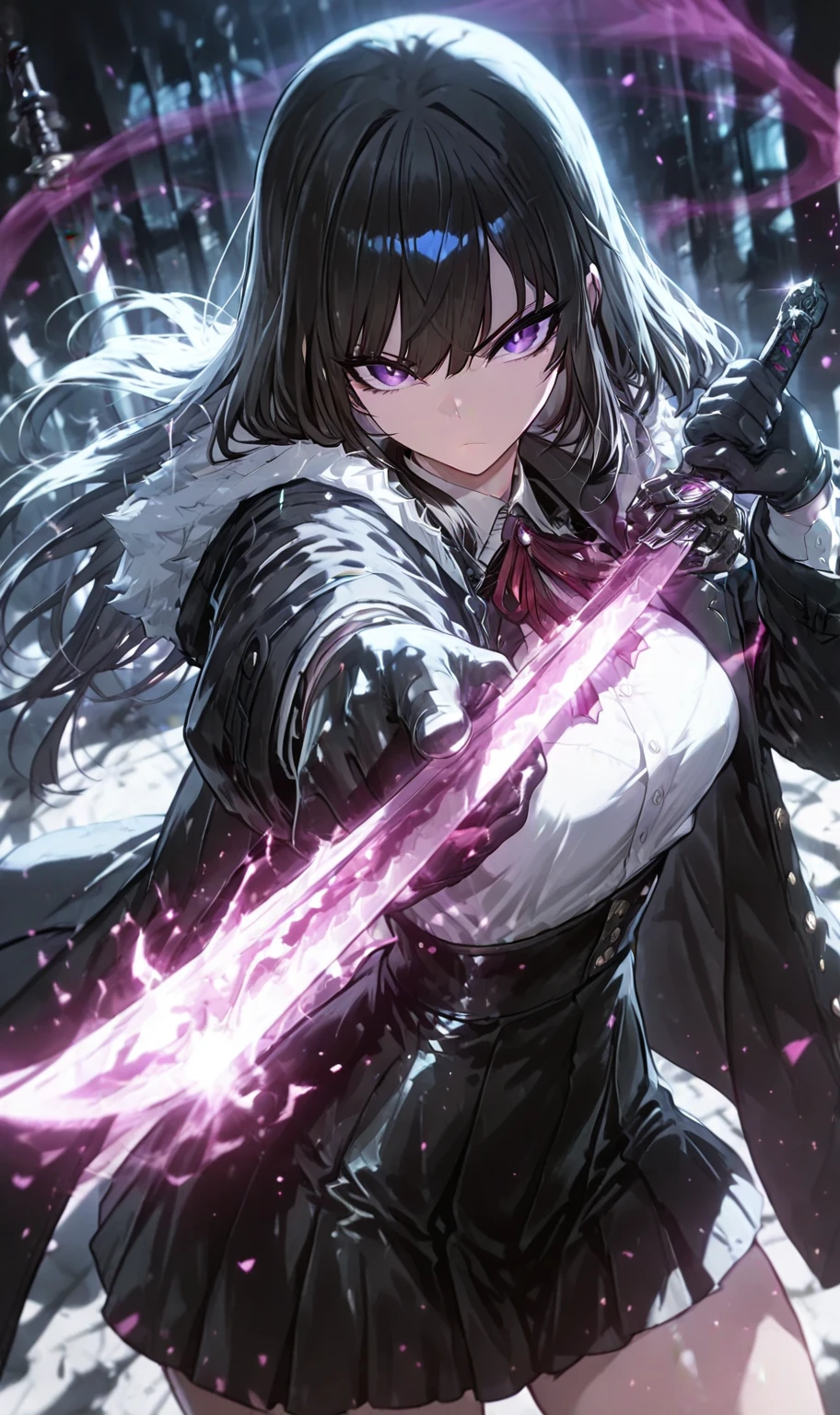 a woman with black hair and white streaks holding a large purple sword, detailed eyes, detailed sword, cinematic lightning