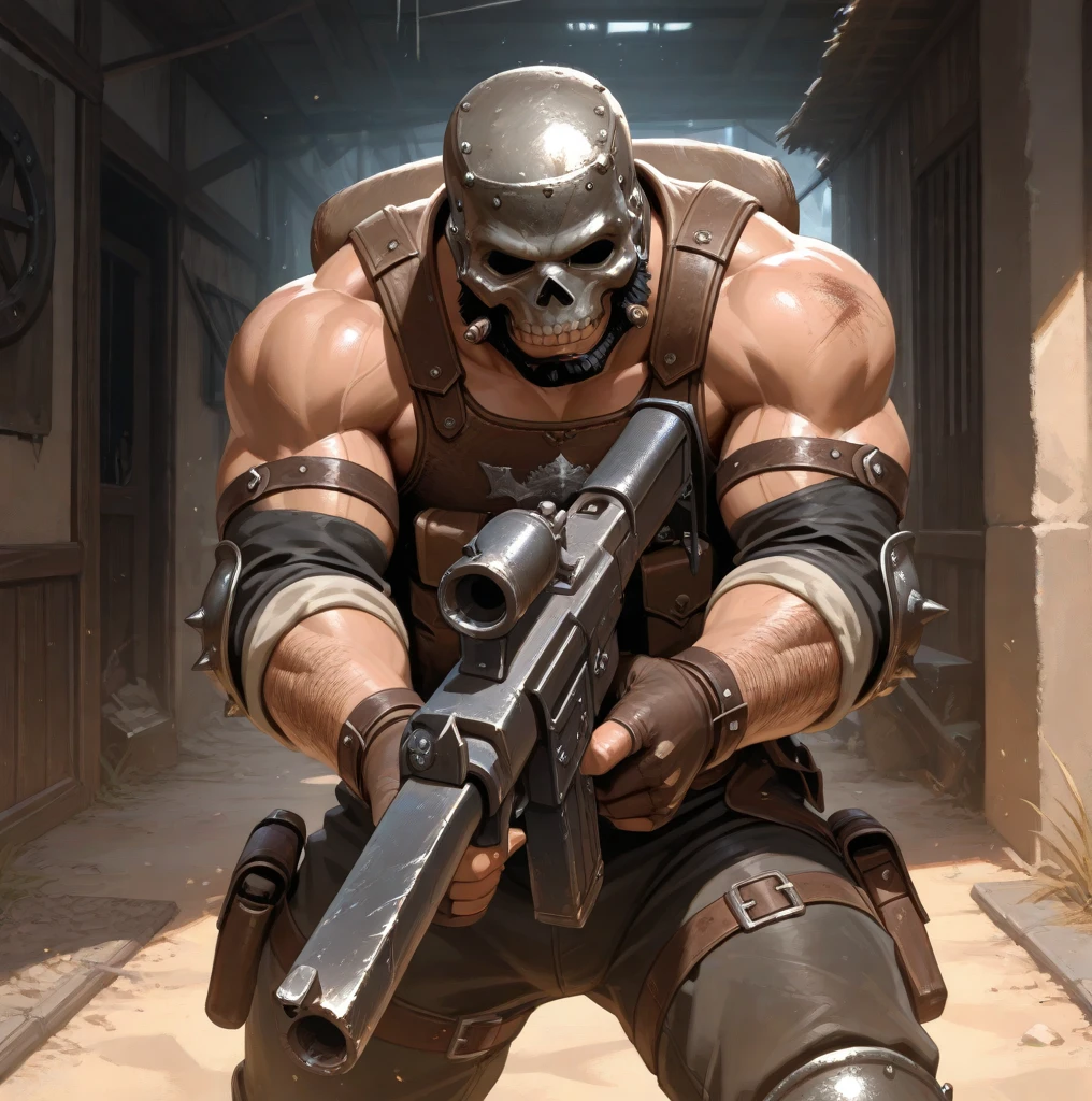 ((best quality)), ((masterpiece)), (detailed), ((2mens are fightings ))and jumping to the enemy(side angle) at the warfield (god of war)(kratos), ((painted skull face)), so many army of evil, big athletics body, sixpack, using blades in the desert rocks, one man got hit by kratos axe and the bloods comesout from the body, semi dark lights, dusty red blood backgrounds 