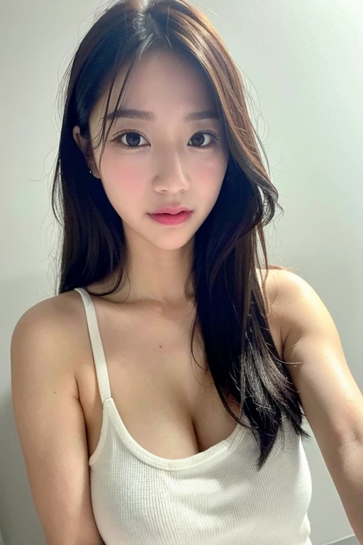 ((highest quality)), ((masterpiece)), (be familiar with), very accurate depiction、perfect face,  detailed face、 beautiful detail eyes、realistic skin texture,　exotic face、Asian、wavy short hair、overbite、half open mouth、the corners of the mouth are long、The whole body is photographed、very wet white blouse、No bra、nipple、Black short skirt、No panties、pubic hair、wet skin:2.0、wet hair:2.0、Looks embarrassed