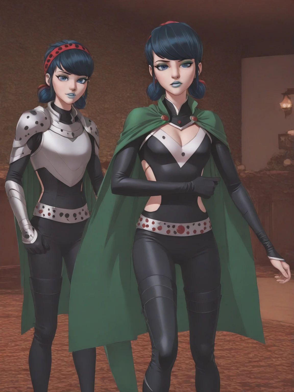 1 girl, small, goblin girl, female goblin, goblin, (green skin), ((large ears)), full body, (((long black hair))), ((small chest)), ((wide hips, thick thighlat )), Mature looking, ((full body))), by front, ((( royal knight armor ))), sexy, covered in blood
