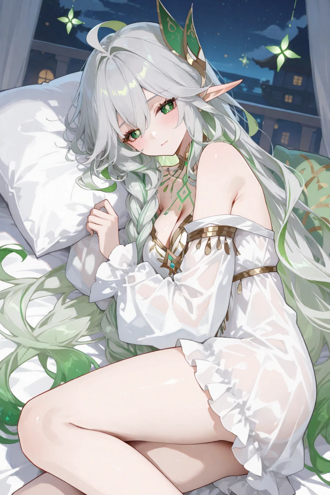 (((1个Giant Breast Girl)),Ray traching,(dim murky lights),[detailedbackground(Bedrooms)),((Silvery hair)),((Silvery hair)),(((((Fluffy silver hair,plump and slender girl))Wears a high ponytail)))Avoid golden eyes in the ominous bedroom((((Girl wears white shirt,Black wrinkled skirt,Wear yours with black sheer pantyhose),It shows a delicate and slender figure and beautiful curves,Correct limbs,sit on a bed,Put your hands behind your head,Put both hands behind your head,Pregnant belly,Pregnant belly,Pregnant women with